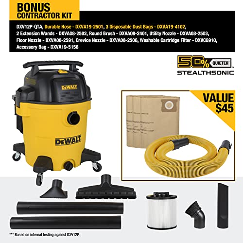 DEWALT 12 Gallon STEALTHSONIC Ultra Quiet Poly Wet Dry Vacuum, DXV12P-QTA Newest Noise Reduction Vac, 5.5 Peak HP Shop Vacuum for Jobsite/Workshop, Reduce Motor Noise, Yellow DEWALT