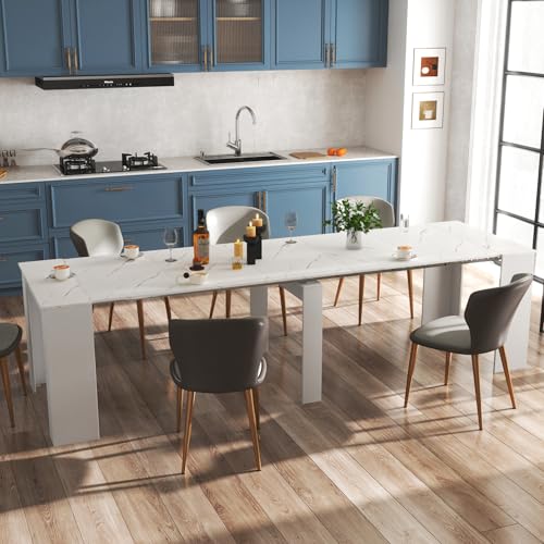 HOMBIX Expandable Dining Table, Transformer Console to Dining Table for 12, Folding Space Saving Dining Room Table with Elegant Marble Top, Marble White HOMBIX