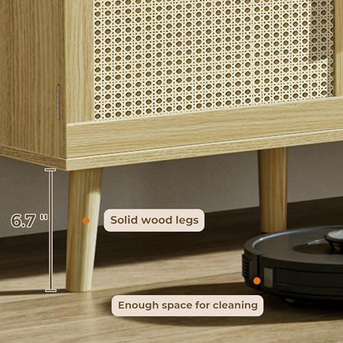 SUPERJARE Boho TV Stand for 55 Inch TV, Entertainment Center with Adjustable Shelf, Rattan TV Console with 2 Cabinets, Media Console, Solid Wood Feet, 4 Cord Holes, for Living Room - Natural SUPERJARE