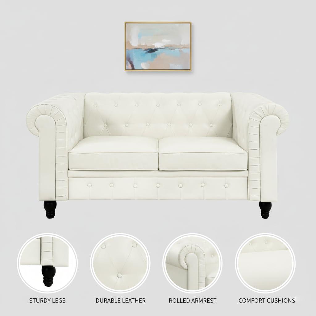 Naomi Home Chesterfield Leather Loveseat, Mini Sofa Love Seat, Small with Rolled Arms, Tufted Cushions 2 Seater Loveseats for Small Spaces, Living Room White Naomi Home