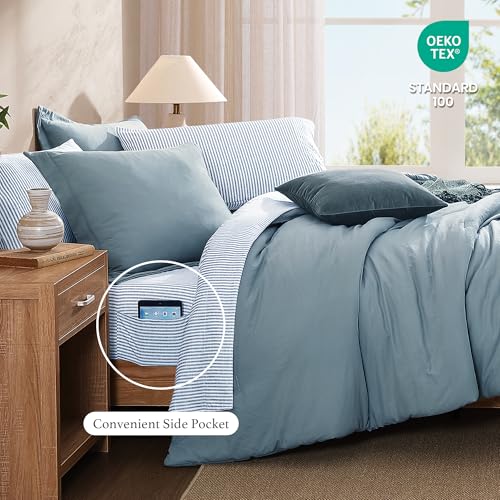 Monbix Full Size Comforter Set - 7 Pieces Dusty Blue Prewashed Bed in a Bag Full Bedding Sets with Comforters, All Seasons Ultra Soft Comforter Bed Set with Sheets,Pillowcases & Shams Monbix