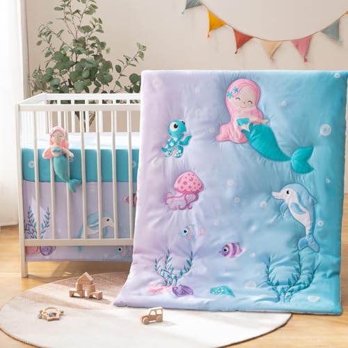 TCOYIWL 4 Pieces Crib Bedding Set for Baby Boys Girls, Infant Toddler Nursery Baby Bedding Sets Includes Cartoon Quilt, Fitted Crib Sheet, Crib Skirt and Plush Mermaid Toy TCOYIWL