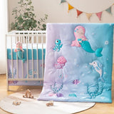 TCOYIWL 4 Pieces Crib Bedding Set for Baby Boys Girls, Infant Toddler Nursery Baby Bedding Sets Includes Cartoon Quilt, Fitted Crib Sheet, Crib Skirt and Plush Mermaid Toy TCOYIWL