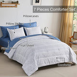 WONGS BEDDING Blue Boho Bed in a Bag Queen,7 Pieces Navy Comforter Set Queen Geometric Comforter Reversible Soft Microfiber Bedding Set with Comforter,Pillowcases,Flat Sheet,Fitted Sheet,Pillow Shams WONGS BEDDING
