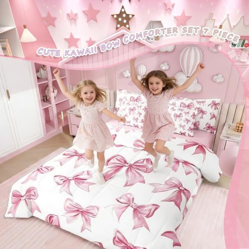 Erosebridal Kawaii Bowknot Girls Bed in A Bag with Sheets Dreamy Princess Style King Comforter Set 7 Piece for Kids Teen Women,Girly Cute Bow Bedding Set Pink Bow Tie Bed Set Bedroom Decor Erosebridal