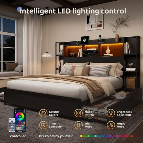 BRELTAM King Size Bed Frame with 4 Storage Drawers and Headboard Featuring Shelf Storage, Wooden Platform Bed Frame with LED Lights and Charging Station, Easy Assembly/No Box Spring Needed/Black BRELTAM