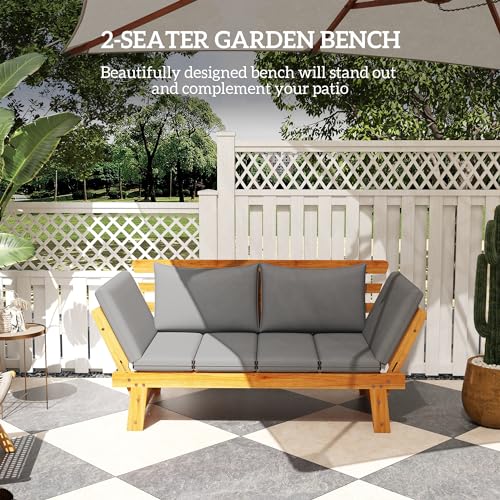 Outsunny Grey Wooden Garden Bench with Cushions and Adjustable Armrests for Outdoor Spaces - WoodArtSupply