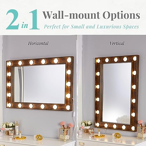 LUXFURNI Large Hollywood Vanity Mirror with Lights, Lighted Makeup Mirror with 18 LED Bulbs for Dressing Room, Wall-Mount/Tabletop (Rustic Brown) - WoodArtSupply