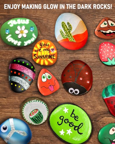 Nicpro 97PCS Rock Painting Kit Glow in The Dark & Metallic, 32 Colors Paint Supplies for Kids Ages 4-12, DIY Art Set 15 River Rocks with Holder, Toy Gift for Boys Girls Birthday Party Activities Nicpro