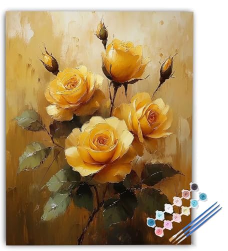 Paint by Numbers Rose Paint by Numbers Kits for Adults Yellow, DIY Canvas Oil Painting Arts and Crafts Kit for Kids with Painting Brushes Acrylic, for Home Wall Decor 12x16 in Without Frame u0-3494 WXLANOUT