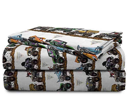 Jay Franco Kids Sheet Set with Fitted, Flat Sheets & Pillow Cover - Ultra-Soft Bedding with Pillowcase for Room Decor, Multi - Monster Jam, 4 Piece Queen Jay Franco