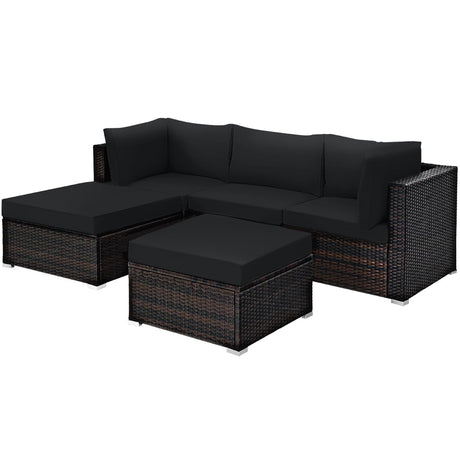 Tangkula 5 Piece Patio Rattan Furniture Set, Outdoor Sectional Rattan Sofa Set with Back & Seat Cushions, Wicker Conversation Set with Tempered Glass Table for Backyard Porch Poolside (Black) Tangkula