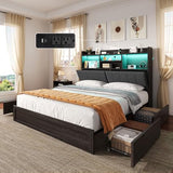 AMERLIFE King Size Bed Frame with 51.2" Tall Bookcase Headboard, Farmhouse Platform Bed with 4 Storage Drawers, Linen Upholstered, Charging Station & Storage, Rustic Black AMERLIFE