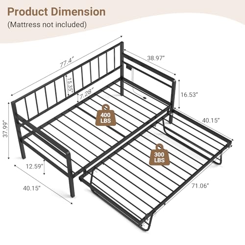 Zevemomo Twin Daybed with Pop Up Trundle, Metal Day Bed Frame with LED Lights and Charging Station, Day Bed with Trundle Bed Twin, Black Daybed for Living Room, Bedroom, Guest Room Zevemomo