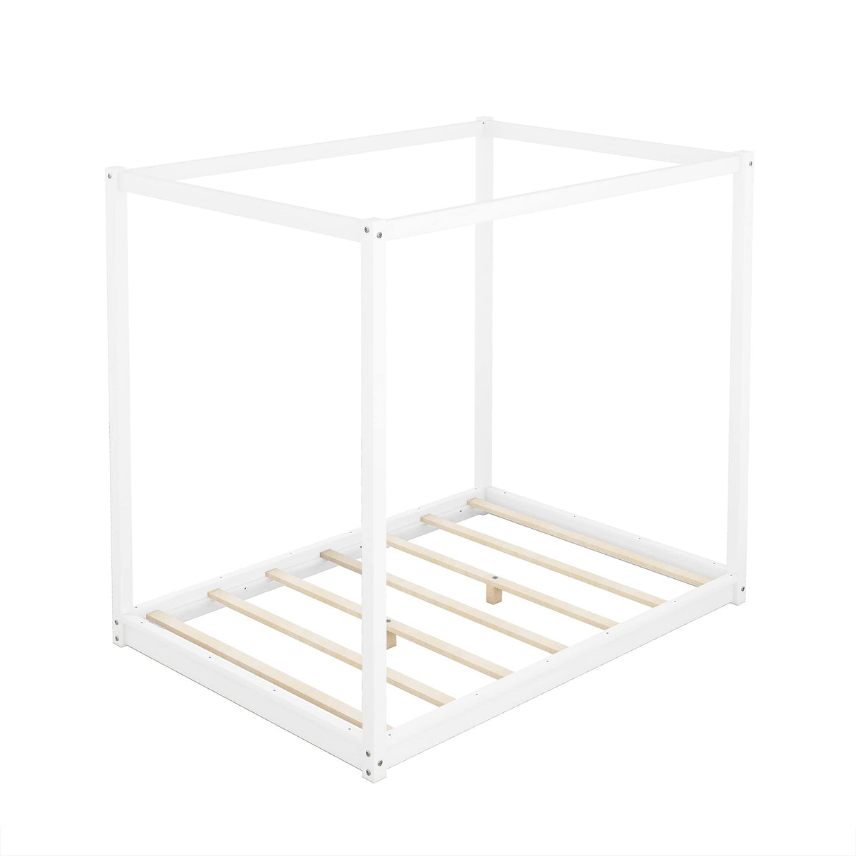 MWrouqfur 4-Poster Queen Size Canopy Floor Bed Frame,Morden Wood Low Profile Platform Beds with Wooden Slats Support, No Box Spring Needed (White) MWrouqfur