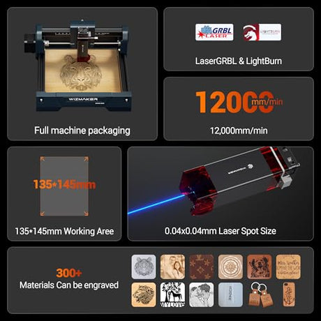 Wizmaker Mini Laser Engraver, 2.5W Laser Engraver Machine,0.04mm Spot Size,12000 Mm/Min Processing Speed, Supports WiFi, Hotspot, and USB Connections, Ideal for Home, Studio, Market, and Desktop Use WIZMAKER
