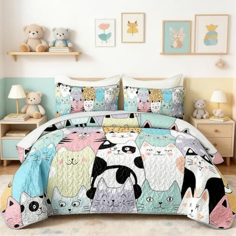 HOSIMA Cute Cat King Size Quilt for Teenage Girl Room Decor,Cartoon Colorful Pet Print Cat Quilt,Kawaii Bedding for Kids,Lightweight Aesthetic Animal Bedding with 2 Pillowcases. HOSIMA