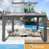 QZEN 10' x 10' Hardtop Lean to Gazebo, Wall Mounted Gazebo with Sloping Polycarbonate Roof and Netting & Curtain, Aluminum Frame Gazebo for Garden, Lawn, Backyard Deck (10’x10’) QZEN