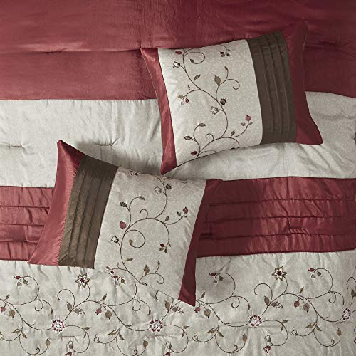 Madison Park Serene Faux Silk Comforter Set - Floral Embroidery Design, All Season Bedding Set, Matching Bed Skirt, Decorative Pillows, Red Cal King(104"x92") 7 Piece Madison Park