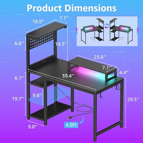 MEUIS 40 inch Small Gaming Desk with Pegboard Shelves Computer Desks with Led Lights Power Outlets PC Monitor Stand Reversible Storage Shelf Table for Bedroom Small Space, Black MEUIS