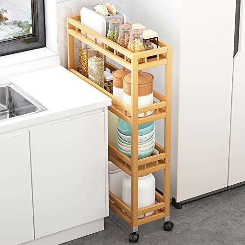 TIE-DailyNec 4-Tier Bamboo Kitchen Rolling Cart Removable Wood Trolley Island Cart, Utility Cart Multi-Layer Storage Shelf Rack on Wheels (23.6" L X 7.1" W X 37.8" H) TIE-DailyNec