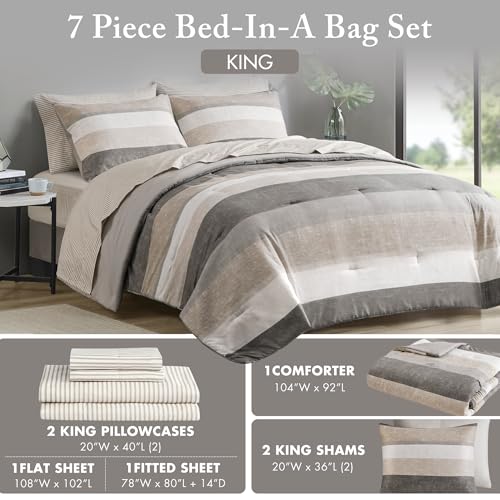 Madison Park Essentials King Comforter Set, Bed in A Bag Comforter & Sheet Set, Modern Casual Stripes Print, All Seasons, Soft Microfiber Bedding Makeover, Matching Shams, King Taupe/Grey 7 Piece Madison Park