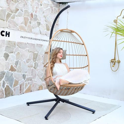 LEYCAY Hanging Egg Chair with Stand, Outdoor Swing Egg Chair, Indoor Wicker Chair with Cushion for Patio Living Room 350 LBS Capacity-Cream - WoodArtSupply