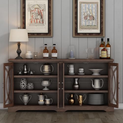 wanan 69" Sideboard Buffet, Farmhouse Buffet Cabinet with 4 Glass Barn Doors, Wood Sideboard Storage Cabinet for Kitchen, Dining Room, Living Room, Antique Brown