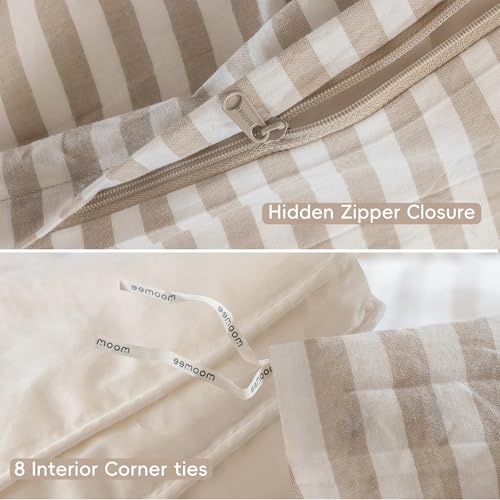 MooMee Striped Duvet Cover Set 100% Washed Cotton Linen Like Textured Breathable Durable Soft Comfy (Tannish Linen Grey White Classic Stripes, Queen 90"x90") MooMee