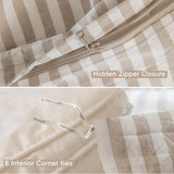 MooMee Striped Duvet Cover Set 100% Washed Cotton Linen Like Textured Breathable Durable Soft Comfy (Tannish Linen Grey White Classic Stripes, Queen 90"x90") MooMee