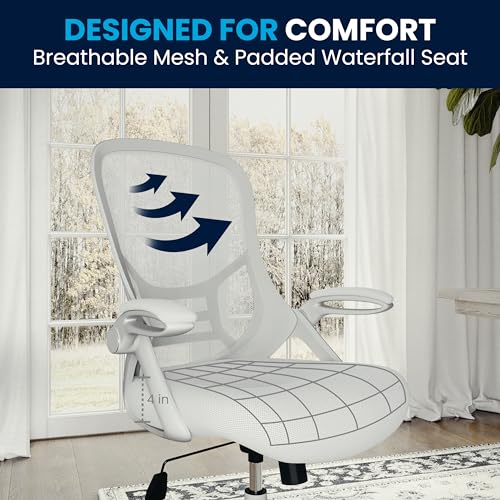 Flash Furniture Porter High-Back Swivel Office Chair with Adjustable Lumbar Support and Height, Ergonomic Mesh Desk Chair with Flip-Up Armrests, White Flash Furniture