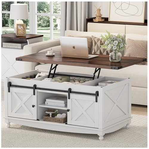 ALLSTAND 48" Farmhouse Lift Top Coffee Table with Storage Sliding Barn Door & Large Hidden Compartment, Coffee Table with Lifting Top with Wooden Lift Tabletop, Storage Coffee Table for Livin - WoodArtSupply