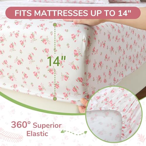 MUXHOMO Queen Size 4 Piece Sheet Set, Soft Breathable Bed Sheet Set for Bedroom with Deep Pocket Up to 16", Wrinkle-Free & Cooling Bedding for Oeko-TEX Certified - Blossoms Pink MUXHOMO