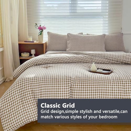 NSNLGSGC Twin Comforter Set, Tan Gingham Bedding Sets, Brown Grid Bed Comforter 2 Pieces (1 Comforter, 1 Pillowcase) NSNLGSGC
