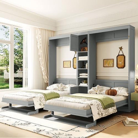 Merax 110W Dual Twin Wall Murphy Beds with Cabinets and Shelves,Sleeping Arrangement for Multipurpose Area, Bedroom, Guest Room or Living Room,Gray Merax