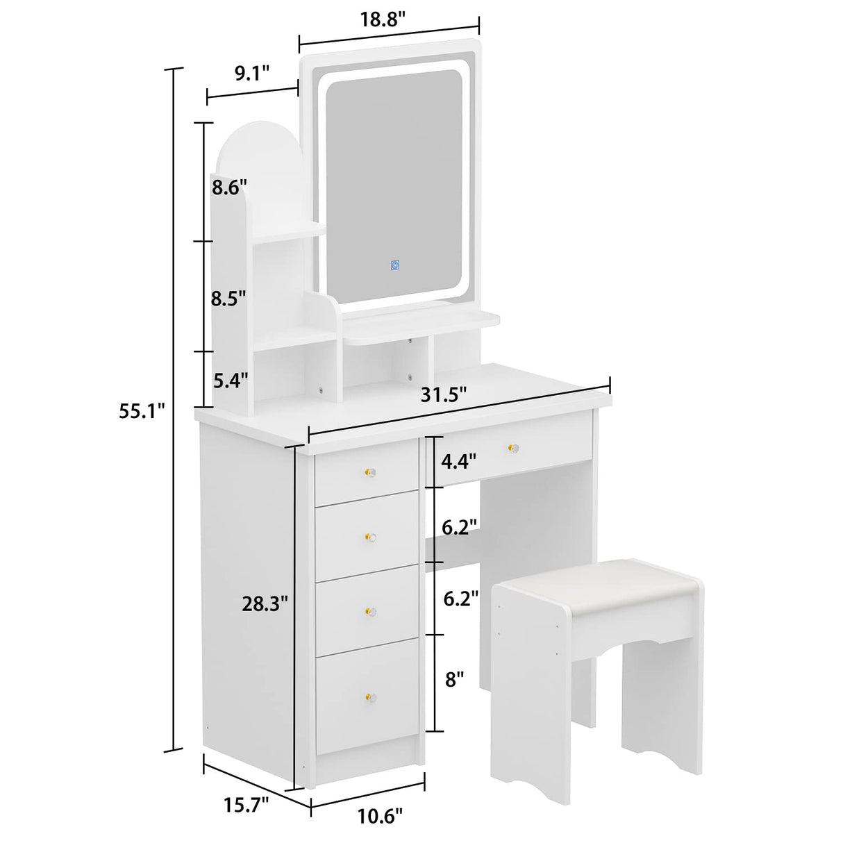 FUFU&GAGA Vanity Set with Rectangular Mirror, Makeup Vanity Dressing Table with 5 Drawers, Shelves, Dresser Desk and Cushioned Stool Set (B White/Lighted Mirror) FUFU&GAGA