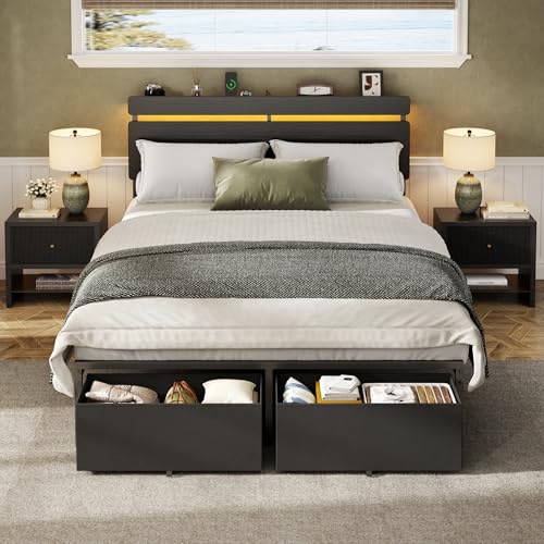 Forestell Full Size Bed Frame with Wood Headboard, Black Platform Bed with 2 Storage Drawers & Shelf, Built in Charging Station & LED Lights, Metal Support, No Box Spring Needed, Camas Full Forestell