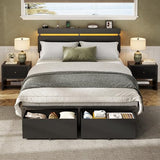 Forestell Full Size Bed Frame with Wood Headboard, Black Platform Bed with 2 Storage Drawers & Shelf, Built in Charging Station & LED Lights, Metal Support, No Box Spring Needed, Camas Full Forestell