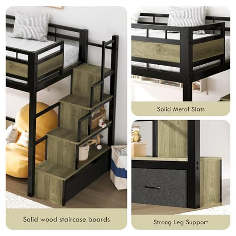 SDHYL Twin Size Loft Bed, with Storage Stairs & Drawers,Space-Saving Heavy-Duty Metal Bed Frame, No Box Spring Needed, Easy Assembly, Black SDHYL
