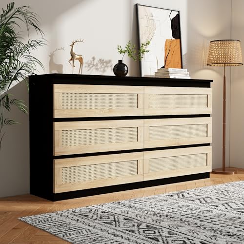 Luoxiao Modern Black Rattan 6 Drawer Dresser for Bedroom and Storage Luoxiao