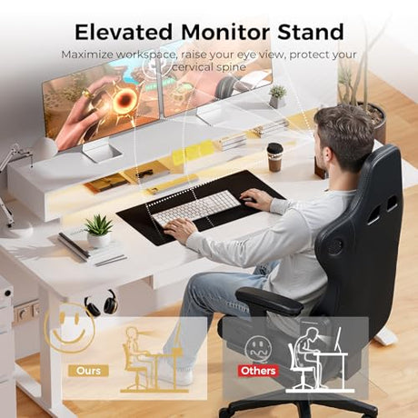 GTPLAYER Electric Standing Desk with Drawers, 48 x 24 Inch Height Adjustable Gaming Desk with Monitor Stand, Power Outlets & LED Lights, Home Office Sit Stand Up Desk with Memory Preset (White) GTPLAYER