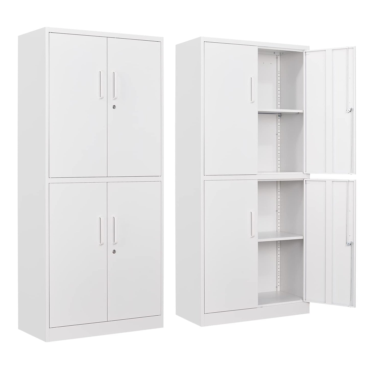 STANI Metal Storage Cabinet, Locking Steel Storage Cabinet with 4 Doors and 2 Adjustable Shelves, 71" Steel Lockable File Cabinet, Tall Steel Cabinet for Home Office,Garage,School (White) - WoodArtSupply