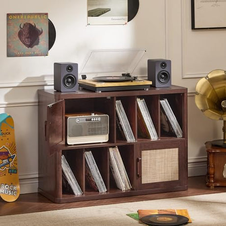 LELELINKY Large Record Player Stand with Vinyl Storage, 39.5" Farmhouse Wood Records Storage Cabinet for Speakers, Mid Century Turntable Stand with Rattan Doors, Media Holder for Living Room, Walnut LELELINKY