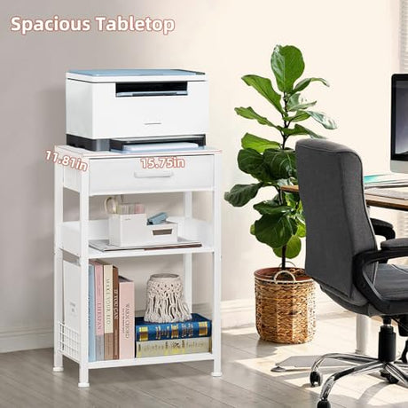 Lerliuo White Printer Stand with Fabric Drawer, 3 Tier Industrial Side Table, Modern Small Printer Desk Holder with Storage Shelf,Multi-Functional Bedside Tables for Home Office Fax Machine Scanner Lerliuo