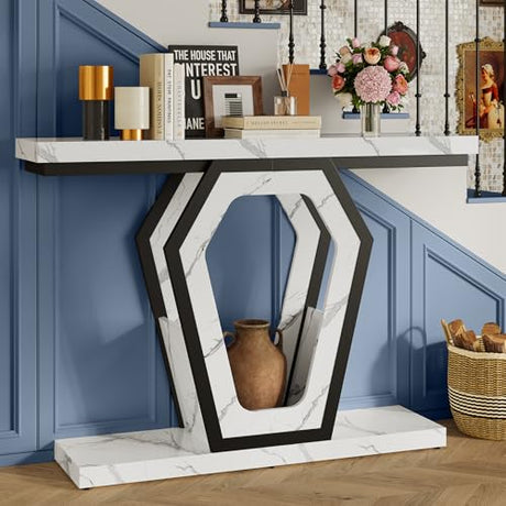FUSUNBAO 47.3" Console Table,Openwork Bracket Sofa Table, Wood Narrow Entryway Table for Hallway, Behind The Couch, Living Room, Foyer, Easy Assembly（White Marble Texture） FUSUNBAO
