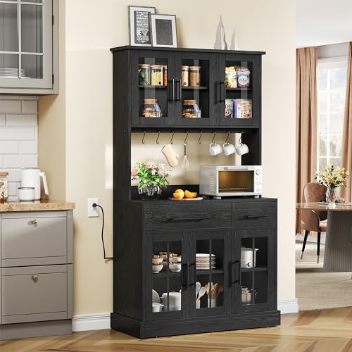 YITAHOME 71'' Kitchen Pantry Storage Cabinet with Microwave Stand, Tall Freestanding Hutch Cabinet with Power Outlet, Pantry Cabinet with Buffet Cupboard, Drawers and Acrylic Doors for Home, Black YITAHOME