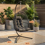 SereneLife Hanging Egg Chair with Stand - Wicker Rattan Outdoor Swing Chair, Powder-Coated Steel Frame, Padded Cushion & Headrest - Ideal Swinging Chair for Bedroom, Patio, Backyard - 350 lbs Load