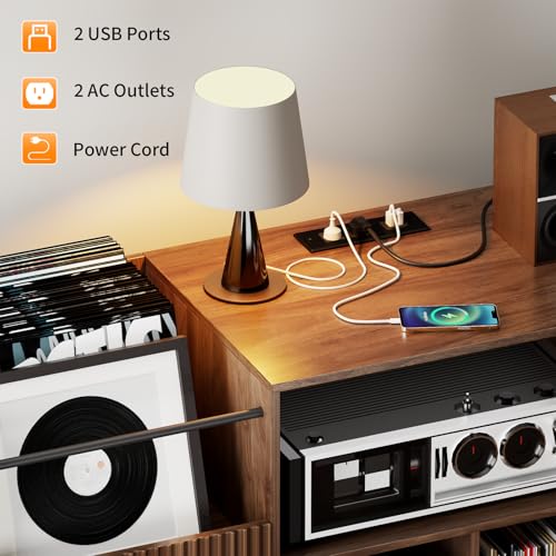 fineway Large Record Player Stand with Power Outlets & LED Lights, Record Player Table Cabinet with Vinyl Record Storage Holds up to 500 Albums, Turntable Stand for Living Room, Bedroom fineway
