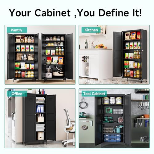 Metal Storage Cabinet with Doors and Shelves,Metal Pantry Cabinet,Black Craft Storage Cabinet,Ventilated Pantry Storage Cabinet,Tall Large Closet Cupboard for Home,Kitchen,Dining/Living/Laundry Room SISESOL