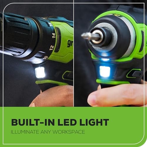 Greenworks 24V MAX Cordless Brushless Drill + Impact Combo Kit, (2) 2.0Ah Batteries, (1) Charger, and Bag Included Greenworks